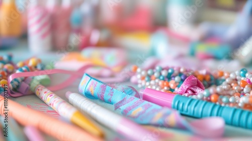 A colorful assortment of craft supplies and decorations arranged on a table.