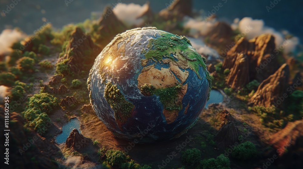 Earth globe nestled in a miniature landscape. Earth globe nestled in a miniature landscape.
