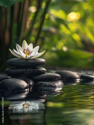 White Flower on Black Rocks