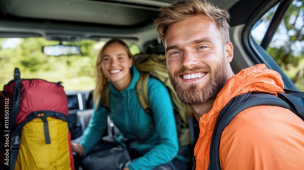 A joyful couple in a vehicle's trunk, prepared for hiking, surrounded by colorful backpacks and lush greenery, reflects excitement and anticipation for adventure. A joyful couple in a vehicle's trunk, prepared for hiking, surrounded by colorful backpacks and lush greenery, reflects excitement and anticipation for adventure.