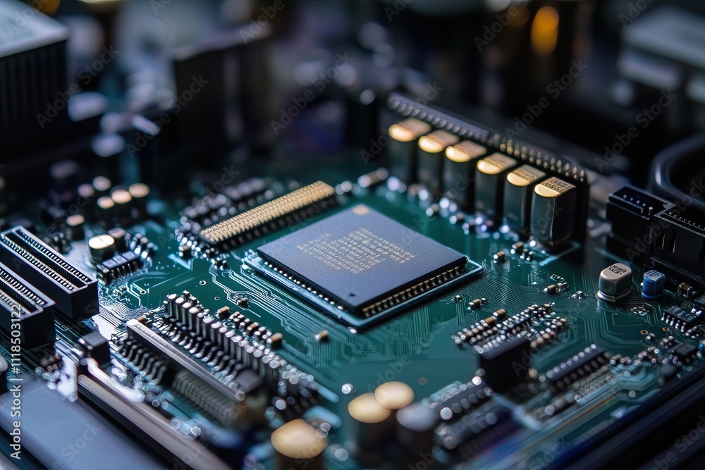 Concept CPU microchip for ai and data network. Close-up view of modern chip gpu card with neon lights