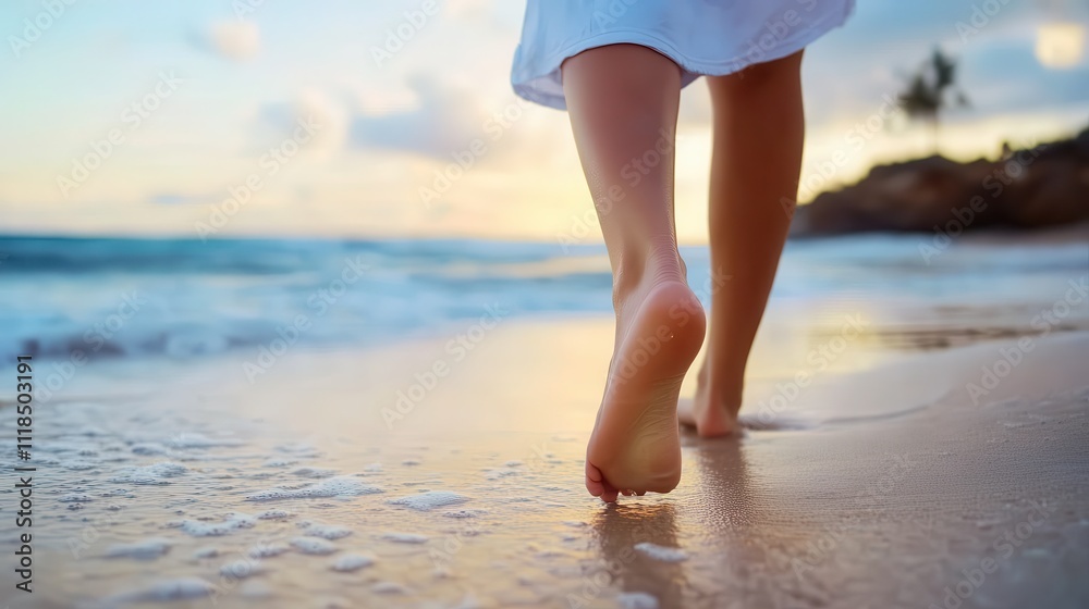 A serene morning view of footsteps in the sand with gentle waves lapping at the shore and the sky tinting with the early hues of sunrise on a tranquil beach. A serene morning view of footsteps in the sand with gentle waves lapping at the shore and the sky tinting with the early hues of sunrise on a tranquil beach.