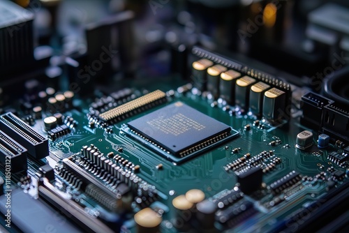 Concept CPU microchip for ai and data network. Close-up view of modern chip gpu card with neon lights