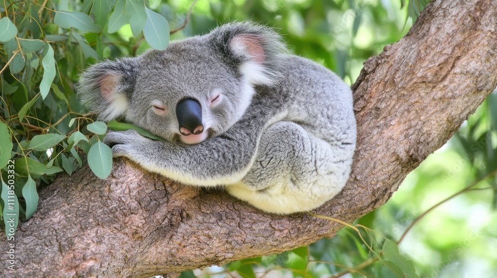A koala peacefully sleeping on a tree branch surrounded by green leaves. A koala peacefully sleeping on a tree branch surrounded by green leaves.