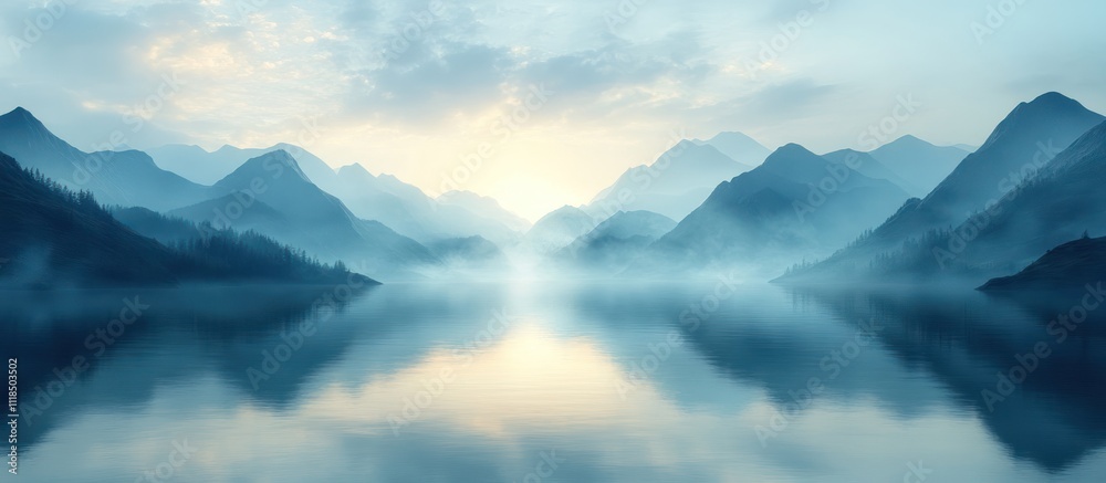 Serene misty mountain lake at sunrise. Serene misty mountain lake at sunrise.