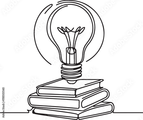 Line Drawing of a Light Bulb on Books A Symbol of Illumination and Education on White Background