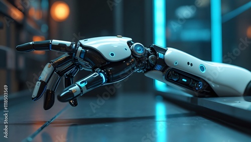 Futuristic Metallic Robotic Hand with Glowing Blue Accents Pointing Accusatorily on Sleek Surface in Neon-Lit Workspace photo