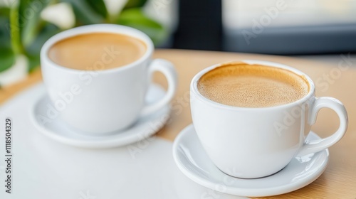 Image shows two white cups filled with coffee on white saucers placed on a wooden table, with a green plant in the blurred background near a window offering a cozy view.