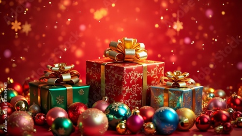 Luxury Christmas Gift Boxes & Ornaments, Festive Red Background