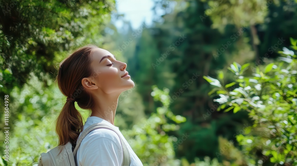 A serene woman savors the fresh air surrounded by vibrant greenery and sunlight, depicting tranquility and connection with nature while hiking. A serene woman savors the fresh air surrounded by vibrant greenery and sunlight, depicting tranquility and connection with nature while hiking.