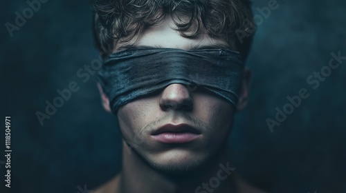 Mysterious portrait of young man with blindfold in moody lighting
