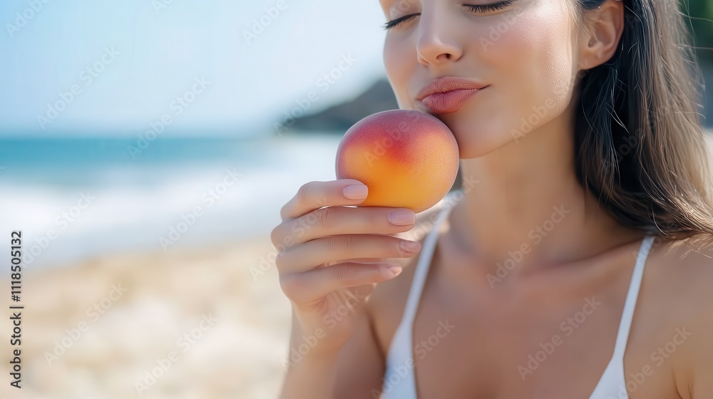 In a sunny beach setting, a person savors a peach, their expression reflecting pure enjoyment and relaxation amidst the soothing sounds of the ocean waves. In a sunny beach setting, a person savors a peach, their expression reflecting pure enjoyment and relaxation amidst the soothing sounds of the ocean waves.