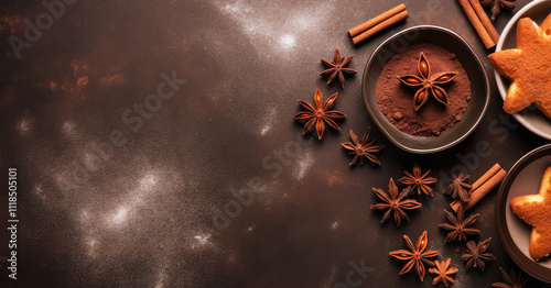 Top view of Christmas cookies with gingerbread cookies and cinnamon on dark background