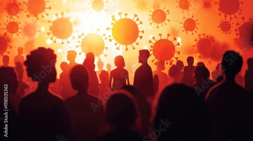 People Silhouettes with Abstract Coronavirus Graphics in Background