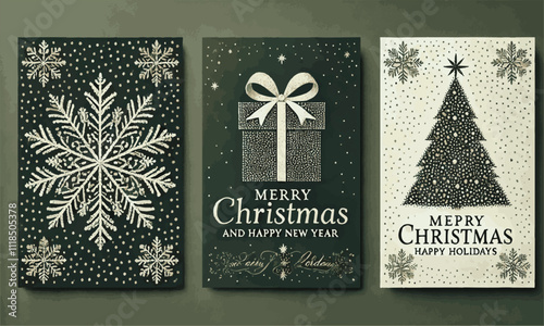 Elegant holiday cards snowflake on dark green background vector art, easily editable.
