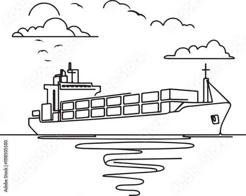 Line Drawing of Cargo Ship Symbolizing International Transport and Global Trade