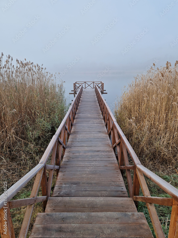 Obraz premium Wooden dock extending into a foggy lake, flanked by tall, dry reeds. Serene and atmospheric scene with the mist creating a sense of calm and mystery
