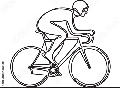 Minimalist Line Drawing of a Man Riding a Racing Cycle with Helmet on White Background