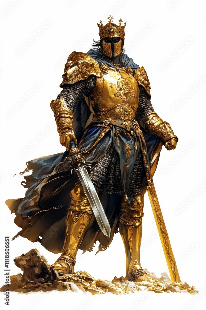 Fototapeta premium Golden armored king, crowned, swords, stands rocky terrain.