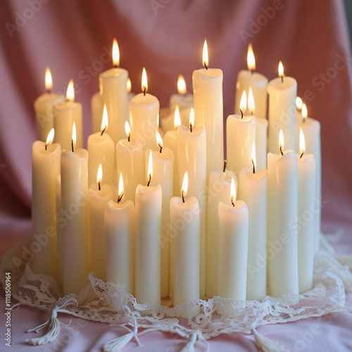 Thirty White Pillar Candles with Golden Wicks on Pink Velvet, Romantic, Nostalgic Birthday Celebration Image photo