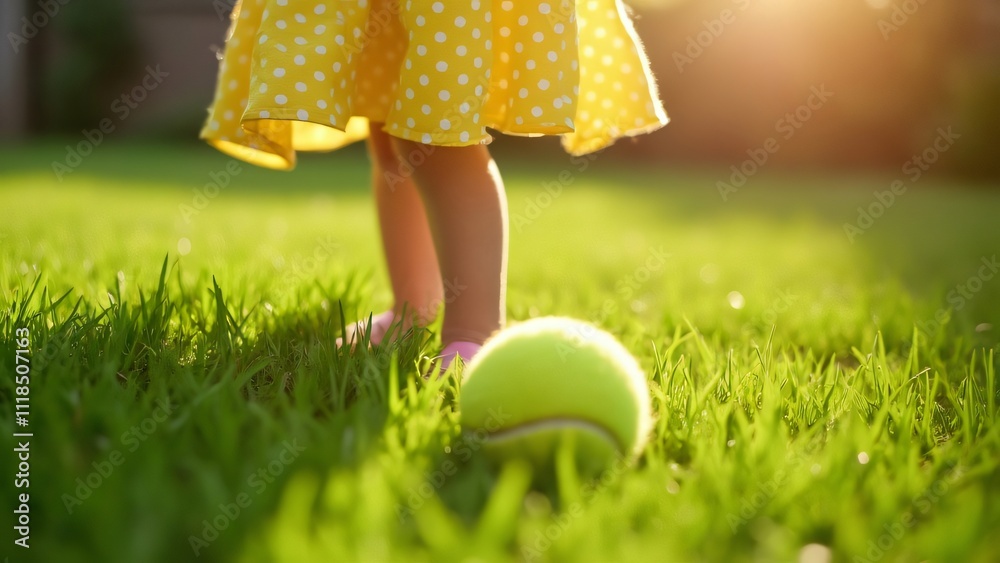 Girl in Yellow Polka Dot Dress Triumphantly Stands Over Tennis Ball on Sunny Lawn, Birthday Celebration Girl in Yellow Polka Dot Dress Triumphantly Stands Over Tennis Ball on Sunny Lawn, Birthday Celebration