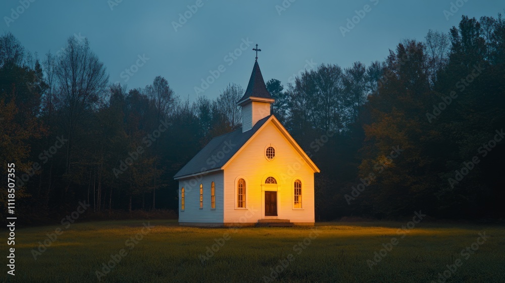 Illuminated white church in a forest at dusk. Illuminated white church in a forest at dusk.