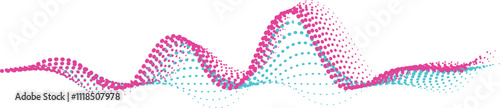 Colorful dotted sound waves flowing across a white background, illustrating a vibrant digital audio signal with dynamic music waveforms and equalizer patterns