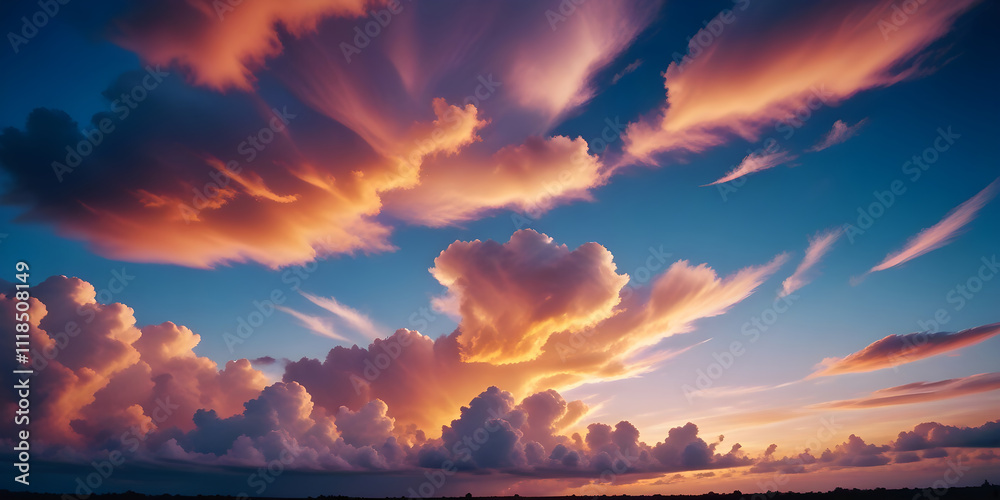 Fototapeta premium sunset on the beach. dramatic sunset sky with vibrant clouds in shades of orange and pink. a wide sky filled with fluffy clouds illuminated by the setting sun. a serene yet powerful sunset with colorf