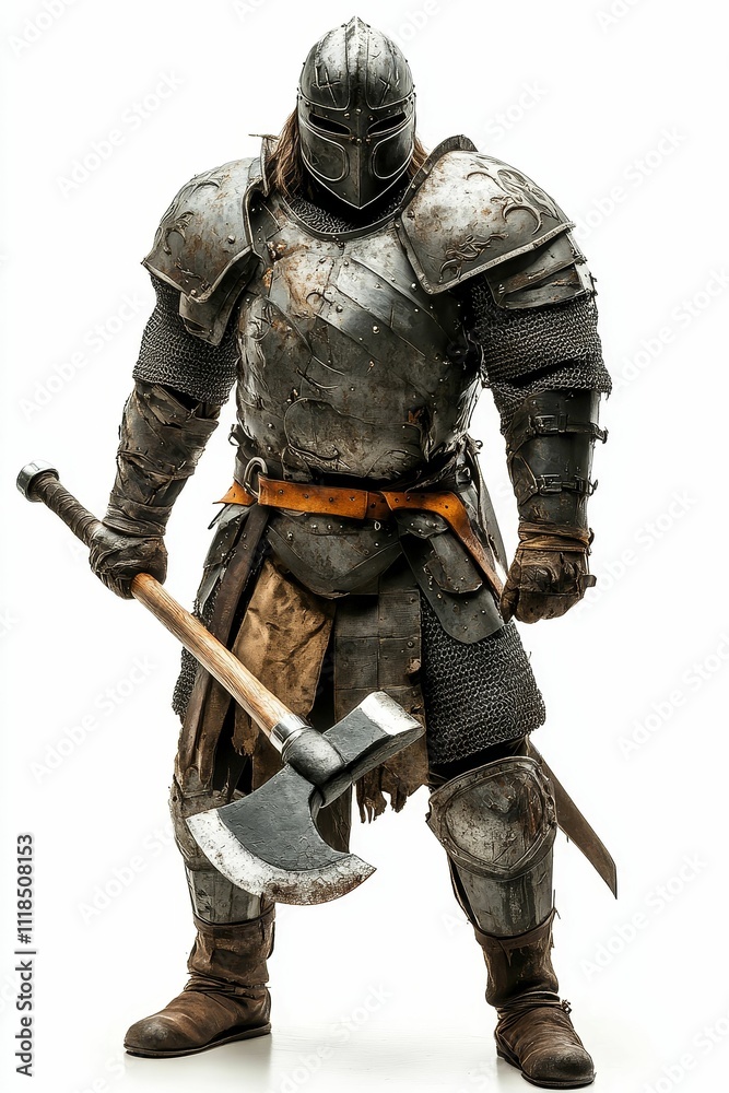Battle-ready armored warrior wielding large axe. Battle-ready armored warrior wielding large axe.