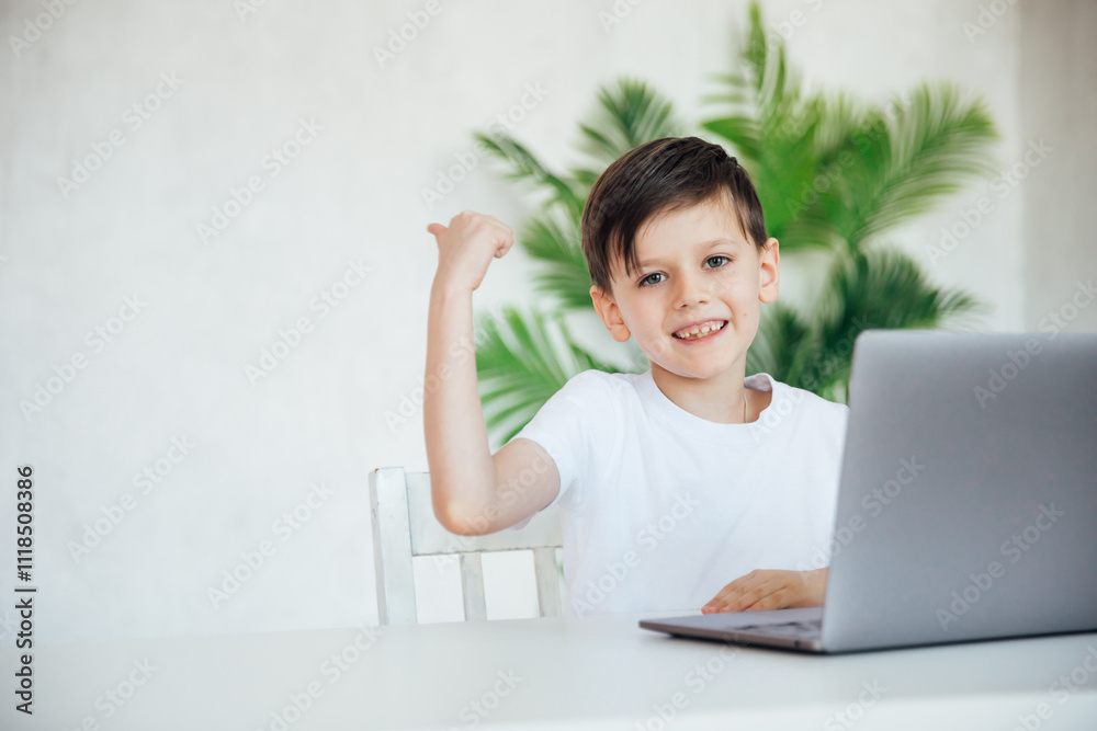 Boy studying playing on laptop online at desk in office Boy studying playing on laptop online at desk in office