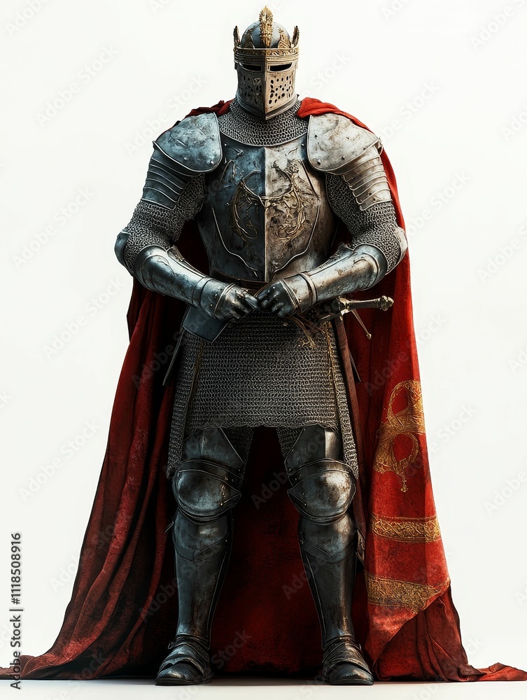 Medieval king, armored, regal cloak, sword. Medieval king, armored, regal cloak, sword.