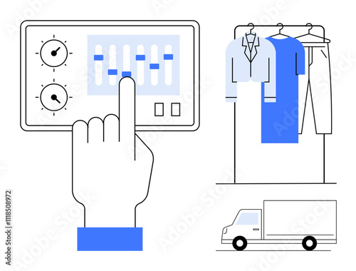 Hand adjusting digital controls, clothing on a rack, delivery truck. Ideal for retail, e-commerce, logistics, fashion management, inventory tracking automation systems supply chain. Line metaphor