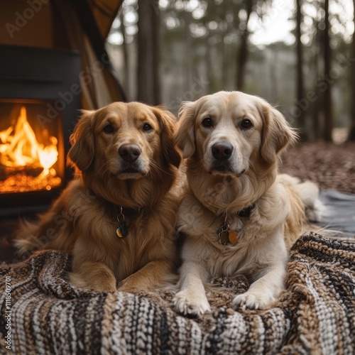 Two golden retrievers resting on a blanket near a cozy campfire in a forest setting.