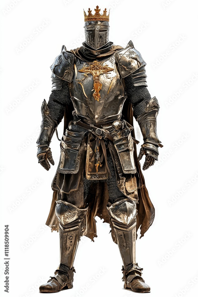 Kingly armored figure, golden crown, tattered cloak. Kingly armored figure, golden crown, tattered cloak.