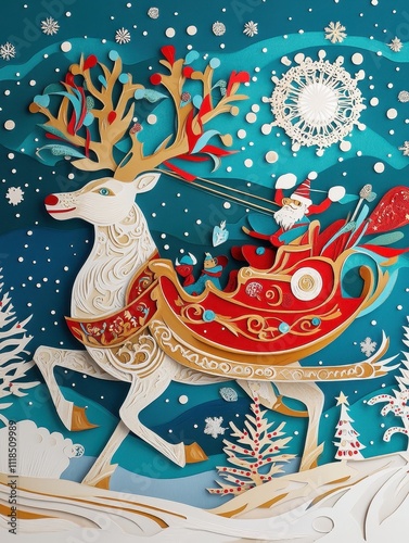 A paper cutout of a reindeer pulling Santa Claus in a sleigh