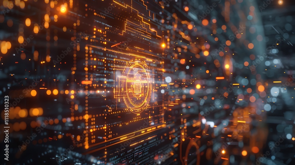 Obraz premium A computer screen with colorful, glowing digital displays and data visualizations.