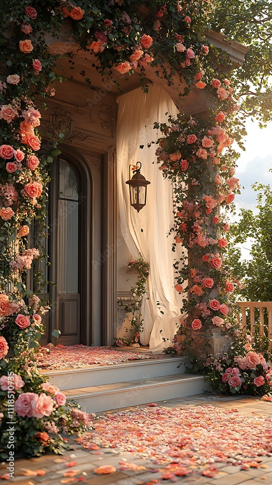 Romantic outdoor wedding entrance decorated with vibrant and delicate floral picture Romantic outdoor wedding entrance decorated with vibrant and delicate floral picture