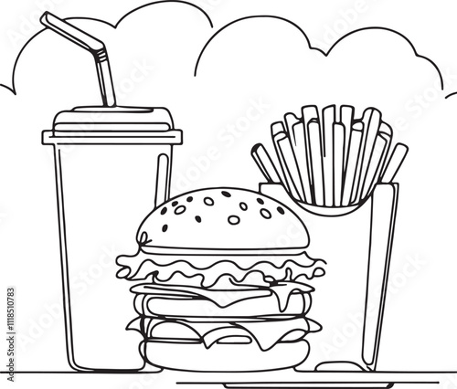Minimalist Line Art Drawing of Burger, Soda, and French Fries on White Background – Fast Food Illustration