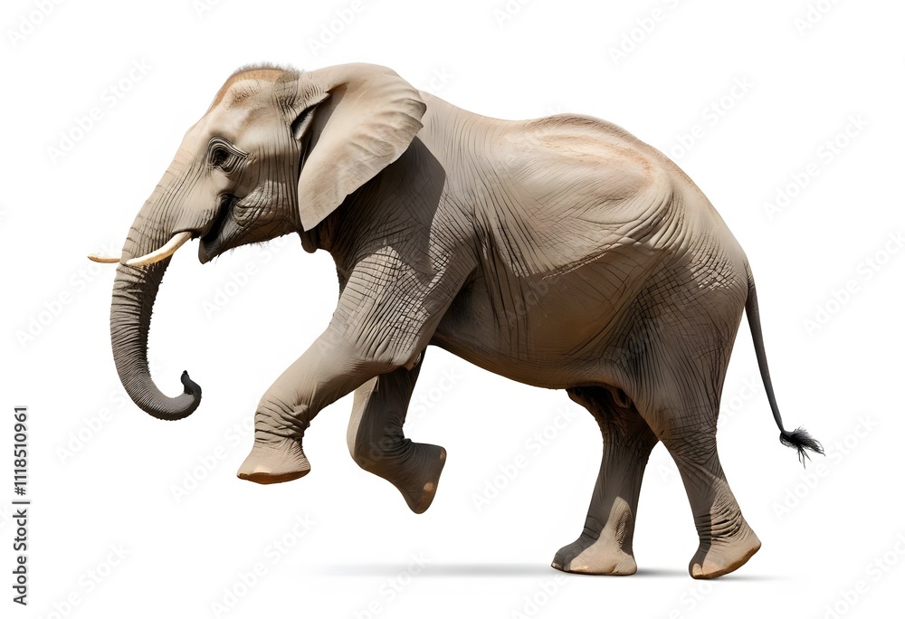 Fototapeta premium A stunning image of an African elephant mid-leap, showcasing its power and grace against a white background.