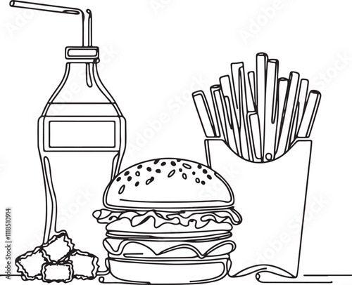 Minimalist Line Art Drawing of Burger, Soda, and French Fries on White Background – Fast Food Illustration