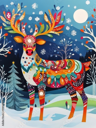 A colorful deer stands in a snowy forest with a Christmas tree in the background