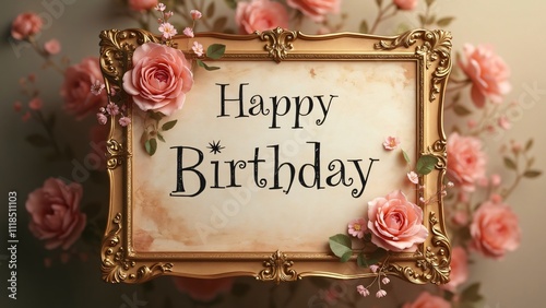 Romantic Aged Paper Birthday Card for Teenage Girls, Ornate Gold Frame, Soft Focus, Floral Design, Happy Birthday Message