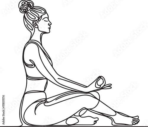 Minimalist Line Art of a Woman Meditating and Doing Yoga – Fitness and Wellness Illustration on White Background photo