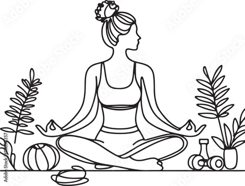 Minimalist Line Art of a Woman Meditating and Doing Yoga – Fitness and Wellness Illustration on White Background