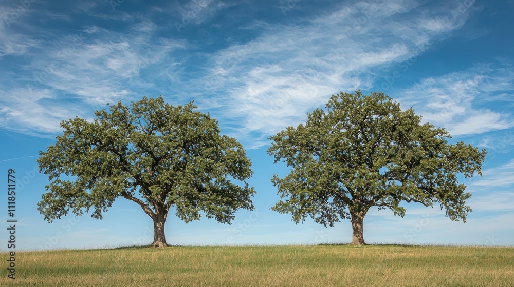 Two oak trees stand side by side on the prairie. The sky is blue with wispy clouds. Two oak trees stand side by side on the prairie. The sky is blue with wispy clouds.