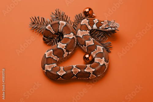 Snake in the form of number 2025 with Christmas tree toy balls with fir branches