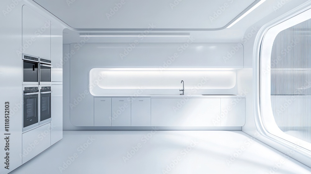 Fototapeta premium A modern, minimalist kitchen with sleek appliances and a bright, open design.