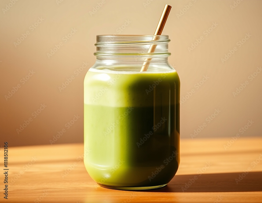 Green Smoothie in Glass Jar with Straw Photograph