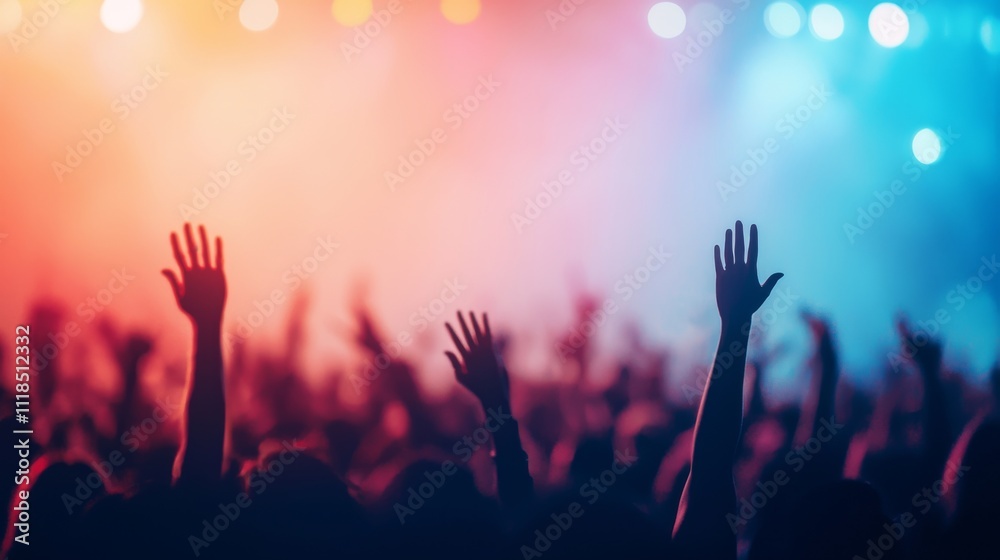 A vibrant crowd with hands raised at a concert, illuminated by colorful stage lights, capturing the energy and excitement of live music. A vibrant crowd with hands raised at a concert, illuminated by colorful stage lights, capturing the energy and excitement of live music.