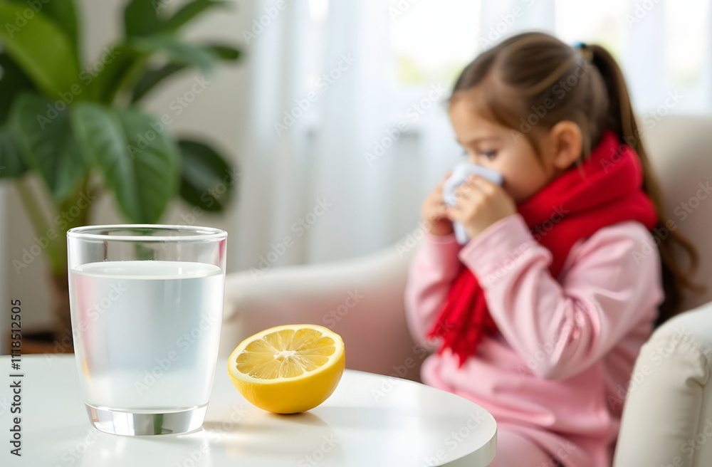 Glass of antipyretic medications for colds and flu. Sick little girl in a chair being treated at home Glass of antipyretic medications for colds and flu. Sick little girl in a chair being treated at home